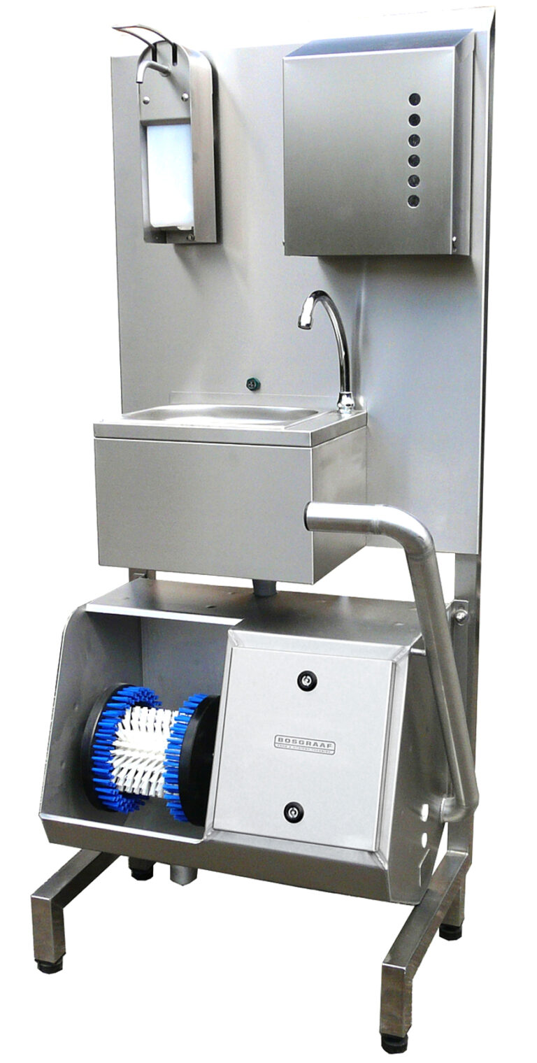 Compact hygiënestation voor handen wassen, drogen en reinigen van schoenzolen