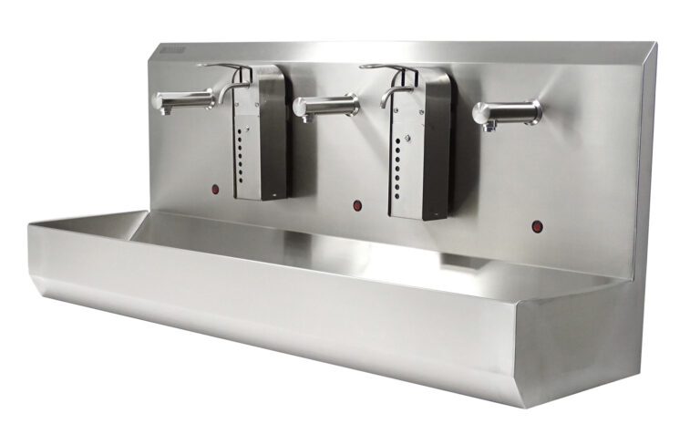 RVS sensorbediende handwasbak met zeepdispensers