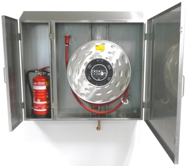 RVS brandslanghaspelkast met compartiment voor brandblusser